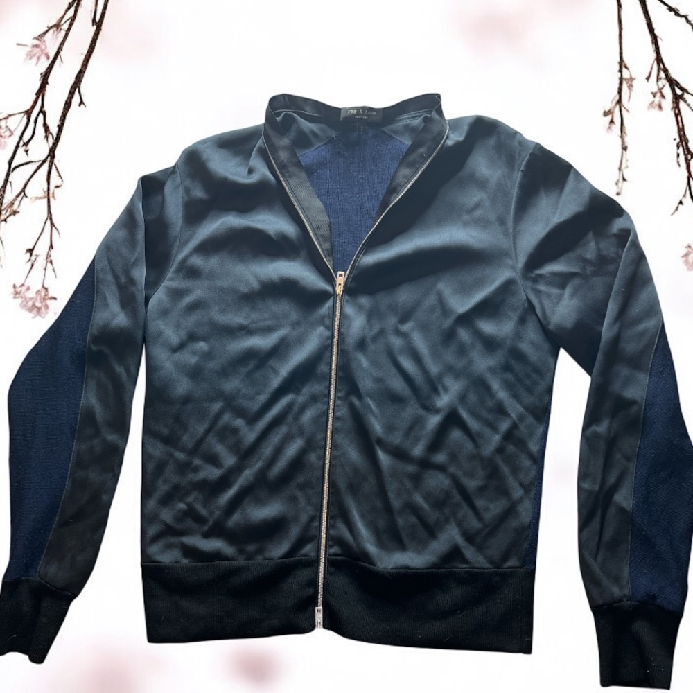rag & bone Women’s‎ Zip Jacket L Navy Black Wool Blend Satin Sleeve Bomber